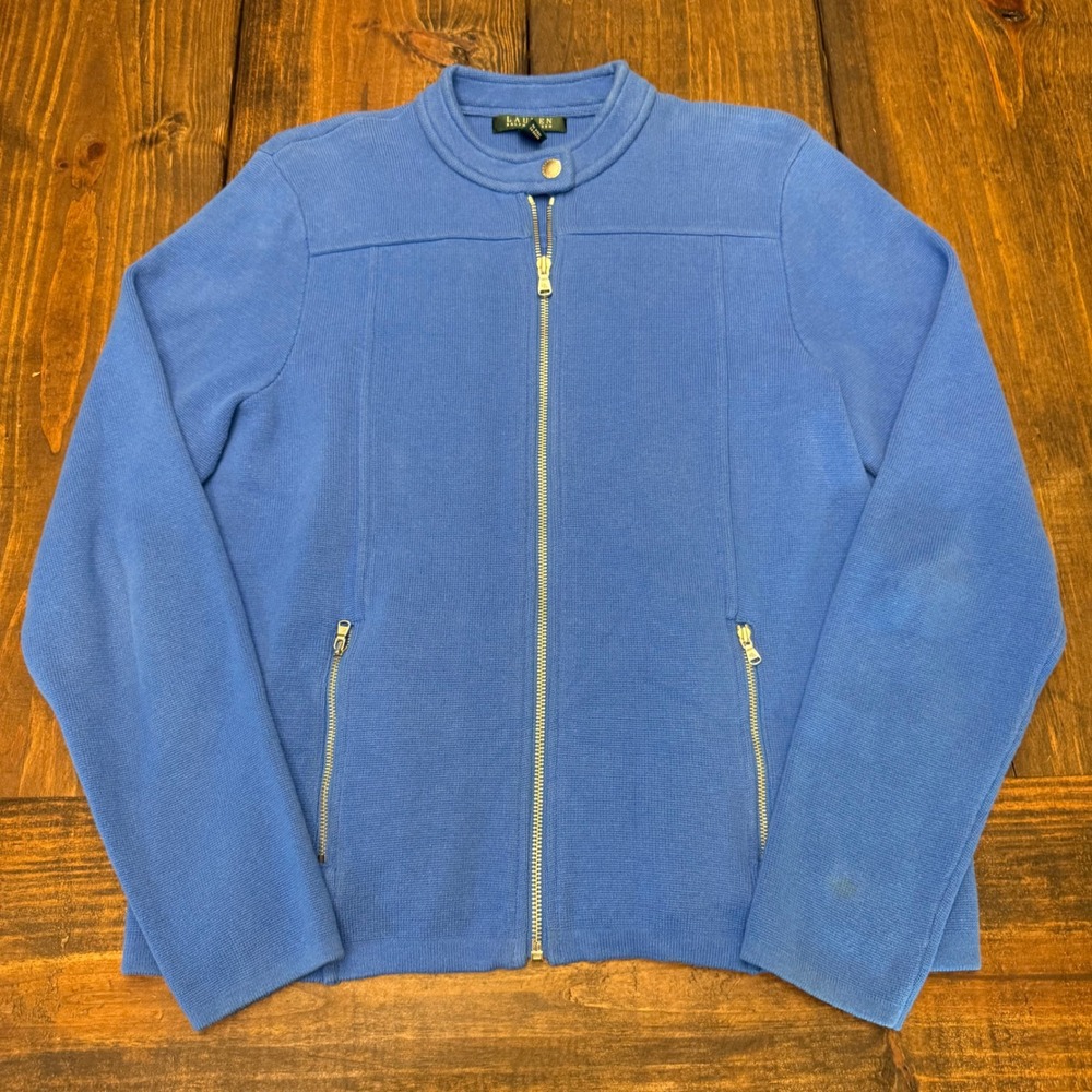 Lauren Ralph Lauren Blue Full Zip Cotton Cardigan Sweater XL Mock Neck Pockets